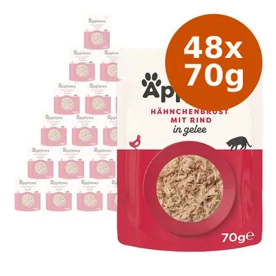 Applaws Hähnchenbrust mit Rind in Gelee, 48x70g portionspåsar. Förpackning med synligt innehåll av kött i gelé. Text på tyska och viktangivelse 70g.