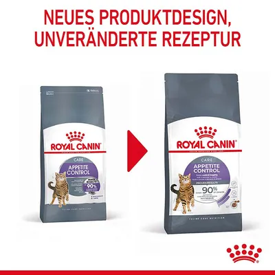 Royal Canin Care Appetite Control. Neues Produktdesign, unveränderte Rezeptur. Verpackung zeigt Katze und Hinweis auf 90% bewiesene Ergebnisse in 4 Wochen.