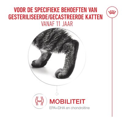 Mobiliteit voor gesteriliseerde/gecastreerde katten vanaf 11 jaar, EPA+DHA en chondroïtine. Specifieke behoeften worden aangepakt.