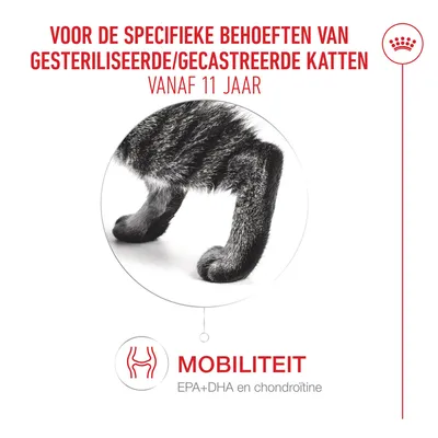 Mobiliteit voor gesteriliseerde/gecastreerde katten vanaf 11 jaar, EPA+DHA en chondroïtine. Specifieke behoeften worden aangepakt.