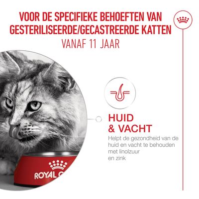 Voor de speciale behoeften van gesteriliseerde/gecastreerde katten vanaf 11 jaar. Huid & vacht: Ondersteunt de gezondheid van huid en vacht met linolzuur en zink.