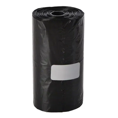 Roll of black waste bags with a blank white label on the front, shown upright and unused.