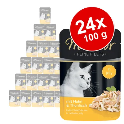 Pack of 24 pouches, each 100g, Miamor Feine Filets in jelly with chicken and tuna. Image shows product packaging and portion size. Pack of 24 pouches, each 100g, Miamor Feine Filets in jelly with chicken and tuna. Image shows product packaging and portion size.