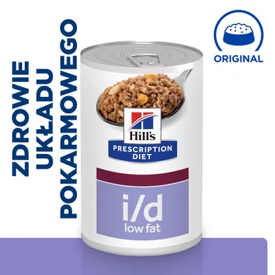 Hill's Prescription Diet i/d low fat, zdrowie układu pokarmowego, puszka mokrej karmy z widoczną zawartością. Napis: ORIGINAL.
