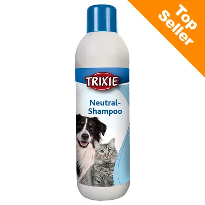 Butelka szamponu Trixie Neutral-Shampoo z wizerunkiem psa i kota, napis Top Seller w rogu. Widoczne nazwy marki i produktu.