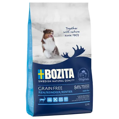 Bozita Swedish Natural Quality Grain Free with Ren/Reindeer, 84 % animal protein, GMO free, 30 % protein, 20 % fat, Adult Plus, 1,1 kg. Teksti: Together with nature since 1903.