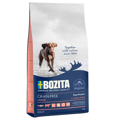 Bozita Grain Free Large, Duo Protein met zalm en rund, 2kg. Swedish Natural Quality. Voor volwassen honden. Eiwit 27%, vet 14%. Together with nature since 1903.