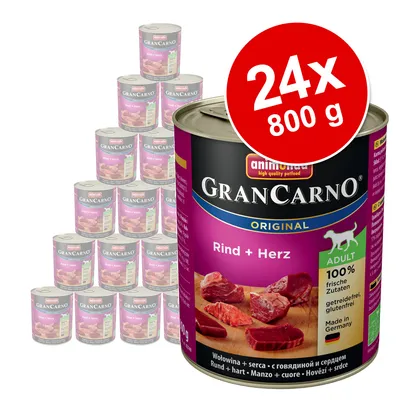 animonda GranCarno Original Rind + Herz Adult koiran märkäruoka, 24 x 800 g. Etiketissä: 100 % frische Zutaten, getreidefrei, glutenfrei, Made in Germany.
