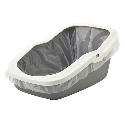 Litteră pentru pisici gri cu margine albă și sac transparent de gunoi introdus.