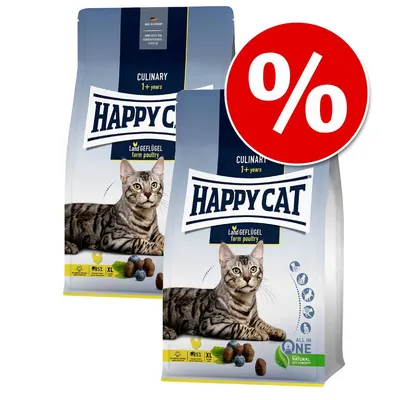 Happy Cat Culinary Land Geflügel macskaeledel csomag, 1+ év, két zacskó, piros százalékos akciójelzés látható a képen
