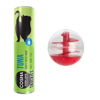 Balle ronde en plastique transparent et rouge avec spirale intérieure visible, partie inférieure opaque rouge, sans marque apparente.