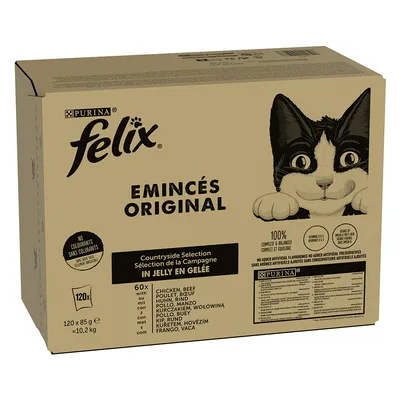 Purina Felix Emincés Original Countryside Selection v želé, 60x85g. Bez barviv, 100% vyvážené, s vitaminy D a E. Druhy: kuře, hovězí. Celková hmotnost: 10,2 kg.