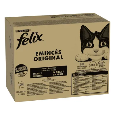 Purina Felix Emincés Original, selezione mista in gelatina e salsa, 30x85g. Senza coloranti, 100% completo ed equilibrato. Lista ingredienti e valori nutrizionali visibili.