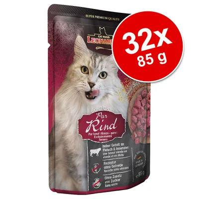 Leonardo Cat Food Pur Rind våtfoder för katt, 32x85 g. Text på tyska: hoher Gehalt am Fleisch & Innereien, Rezeptur ohne Getreide, ohne Zusatz von Zucker. Bild på katt och köttbitar.