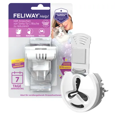 FELIWAY Help! sæt med stik og feromon-kapsel. Tekst: Hilft Anzeichen von Stress für 1 Woche zu reduzieren, 7 Tage Anwendung, Sofort anwendbar, Pheromon Kartusche extra erhalten.