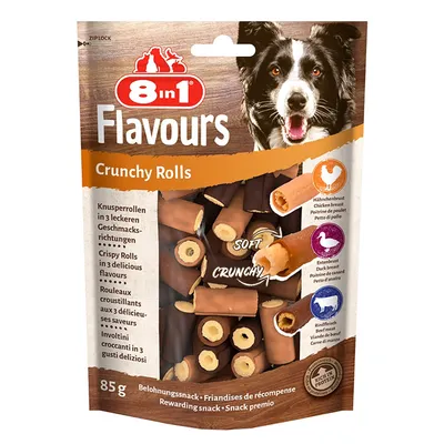 8 in 1 Flavours Crunchy Rolls, rouleaux croustillants en trois saveurs : poitrine de poulet, poitrine de canard, bœuf. Snack récompense de 85 g, riche en protéine.