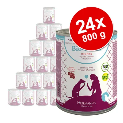 Herrmann's Bio-Huhn mit Reis, organic chicken with rice, 24x800 g dåser. Tekst: complete food for dogs of all ages, extra Fleischstücke, Bio-certificering synlig på emballagen.