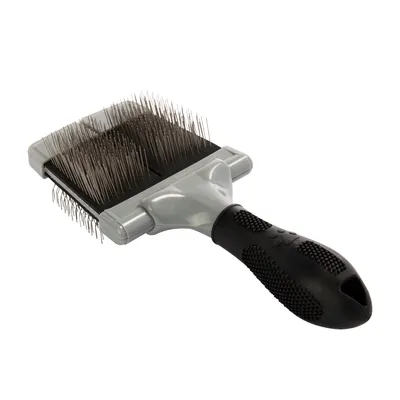 Silver brush with black metal bristles and ergonomic handle for coat care. Silver brush with black metal bristles and ergonomic handle for coat care.