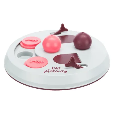 CAT Activity -merkitty pyöreä kissan aktivointilelu, jossa on vaaleanpunaisia ja viininpunaisia muoviosia sekä kalanruotokuvioita näkyvissä CAT Activity -merkitty pyöreä kissan aktivointilelu, jossa on vaaleanpunaisia ja viininpunaisia muoviosia sekä kalanruotokuvioita näkyvissä