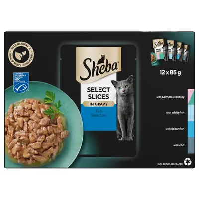 Sheba Select Slices in Gravy Fish Selection, 12 x 85g. Includes salmon and coley, whitefish, ocean fish, and cod varieties. Made with natural ingredients. MSC certified.