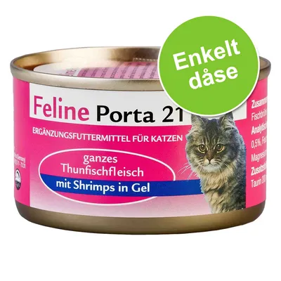 Feline Porta 21, Ergänzungsfuttermittel für Katzen, ganzes Thunfischfleisch mit Shrimps in Gel. Enkelt dåse. Billede af kat på emballagen.