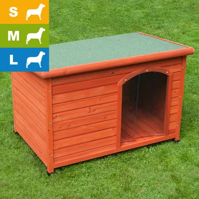 Puisen koirankopin kuva, edessä muovinen oviaukko. Vasemmassa yläkulmassa kokomerkinnät S, M ja L valkoisin koirasiluetein värillisillä taustoilla.
