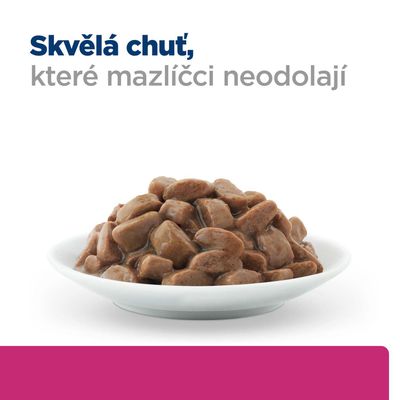 Miska s hnedými kúskami mokrého krmiva, nad ňou text: Skvelá chuť, ktorej domáci miláčikovia neodolajú.