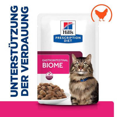 Hill's Prescription Diet Gastrointestinal Biome, Unterstützung der Verdauung, ActiveBiome+ Digestion, Huhn-Symbol auf Verpackung.
