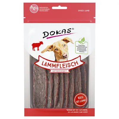 Pachet Dokas Lammfleisch Getrocknet, carne de miel uscată pentru câini, 100% aus Lamm, ambalaj resigilabil, imagine cu un câine și felii de carne vizibile prin ambalaj. Pachet Dokas Lammfleisch Getrocknet, carne de miel uscată pentru câini, 100% aus Lamm, ambalaj resigilabil, imagine cu un câine și felii de carne vizibile prin ambalaj.