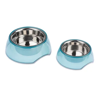 Deux gamelles pour animaux, tailles différentes, intérieur en acier inoxydable et extérieur en plastique bleu transparent, vues de dessus sur fond blanc.