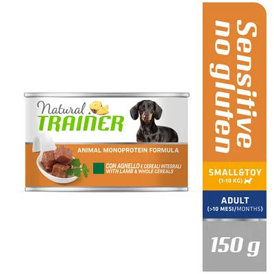 Natural Trainer Animal Monoprotein Formula cu miel și cereale integrale, fără gluten, pentru câini mici (1-10 kg), adulți (>10 luni), 150 g.