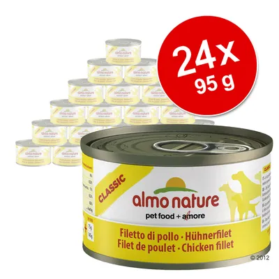 almo nature CLASSIC Filetto di pollo, balení 24×95 g konzerv. Text na etiketě: pet food + amore, Filet de poulet, Chicken fillet.