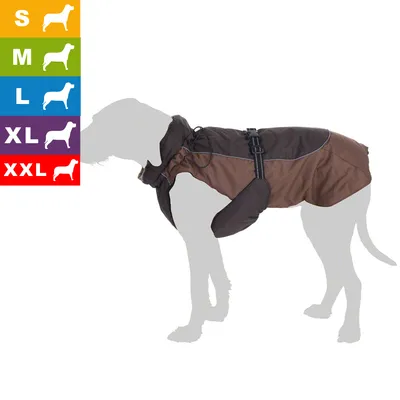 Hundemantel in Braun an Hundesilhouette, links Größenauswahl S, M, L, XL, XXL mit farbigen Symbolen dargestellt. Hundemantel in Braun an Hundesilhouette, links Größenauswahl S, M, L, XL, XXL mit farbigen Symbolen dargestellt.