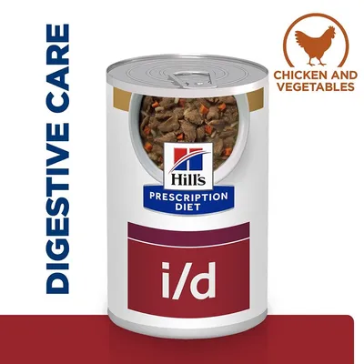 Hill's Prescription Diet i/d консервирана храна с пилешко и зеленчуци. Видими парчета месо и моркови. Текст: DIGESTIVE CARE, CHICKEN AND VEGETABLES. Hill's Prescription Diet i/d консервирана храна с пилешко и зеленчуци. Видими парчета месо и моркови. Текст: DIGESTIVE CARE, CHICKEN AND VEGETABLES.