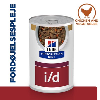 Hill's Prescription Diet i/d dåse med synligt foder, tekst: FORDØJELSESPLEJE og CHICKEN AND VEGETABLES. Kyllingesymbol øverst til højre.
