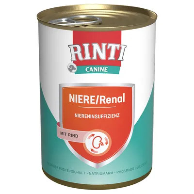 Консерва Rinti Canine NIERE/Renal, текст на немски: Niereninsuffizienz, mit Rind. Видими надписи: ниско съдържание на протеин, малко натрий, намален фосфор. Консерва Rinti Canine NIERE/Renal, текст на немски: Niereninsuffizienz, mit Rind. Видими надписи: ниско съдържание на протеин, малко натрий, намален фосфор.