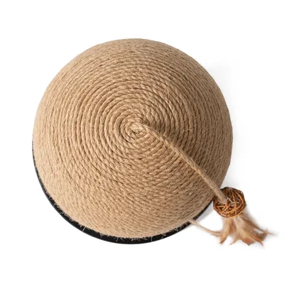 Ball made of sisal rope with attached toy made of wood and feathers, suitable for scratching or playing.