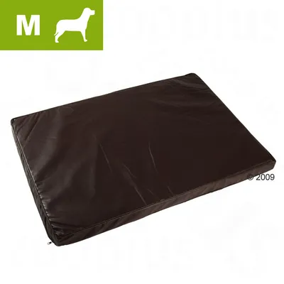 Coussin rectangulaire brun pour chien, taille M indiquée dans un encadré vert avec pictogramme de chien. Housse aspect cuir ou similicuir visible. Coussin rectangulaire brun pour chien, taille M indiquée dans un encadré vert avec pictogramme de chien. Housse aspect cuir ou similicuir visible.