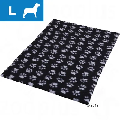 Czarna mata z białym wzorem łapek, rozmiar L widoczny w lewym górnym rogu na niebieskim tle z ikoną psa.