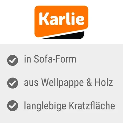 Karlie. • in Sofa-Form • aus Wellpappe & Holz • langlebige Kratzfläche (besedilo v nemščini)