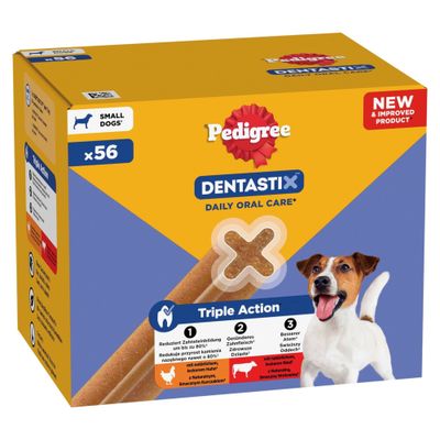 Pedigree Dentastix Daily Oral Care pienille koirille, 56 kpl. Triple Action: vähentää hammaskiven muodostumista, edistää terveempiä ikeniä, raikastaa hengitystä. Sisältää kanaa ja naudanlihaa.