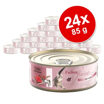 Feline Finest kattefoder, variant tunfisk med oksekød, 24 dåser à 85 g. Vist: dåse med lyserødt etiket og kat.
