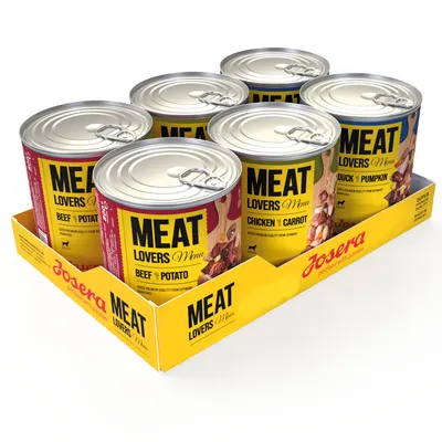 Josera Meat Lovers Menu, 6 latas: ternera y patata, pollo y zanahoria, pato y calabaza. Calidad super premium de Alemania.