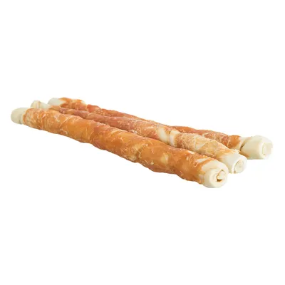 Quatre bâtonnets à mâcher enroulés d’une fine couche de viande séchée, sans marque visible, présentés sur fond blanc. Quatre bâtonnets à mâcher enroulés d’une fine couche de viande séchée, sans marque visible, présentés sur fond blanc.