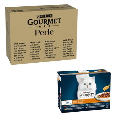96 x 85 g Gourmet natvoer voor katten + 24 x 85 g gratis! Forel, Kalkoen, Eend, Wild in Gelei 96 x 85 g + Verwennerij in Saus Gemengde Selectie