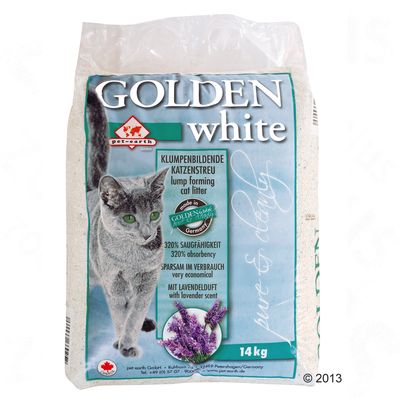 GOLDEN white kissanhiekka, paakkuuntuva, 320 % imukyky, laventelintuoksu, 14 kg. Tekstit englanniksi ja saksaksi: lump forming cat litter, very economical, with lavender scent.