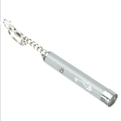 Сребърен лазерен показалец с ключодържател и надпис 'Training Toy'.