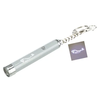 Sølvfarvet laserpointer med nøglering, projicerer fisksymbol og teksten 'Training Toy'.
