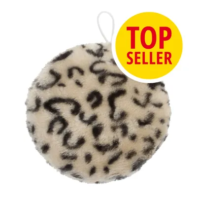 Rundes Spielzeug mit Leopardenmuster und gelbem Kreis mit rotem Text 'Top Seller'.