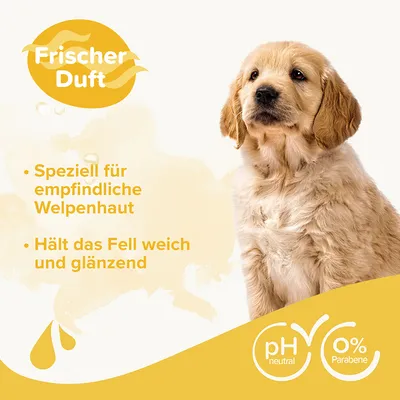 Texte en allemand : Frischer Duft, Speziell für empfindliche Welpenhaut, Hält das Fell weich und glänzend, pH neutral, 0 % Parabene. Chiot beige à droite.